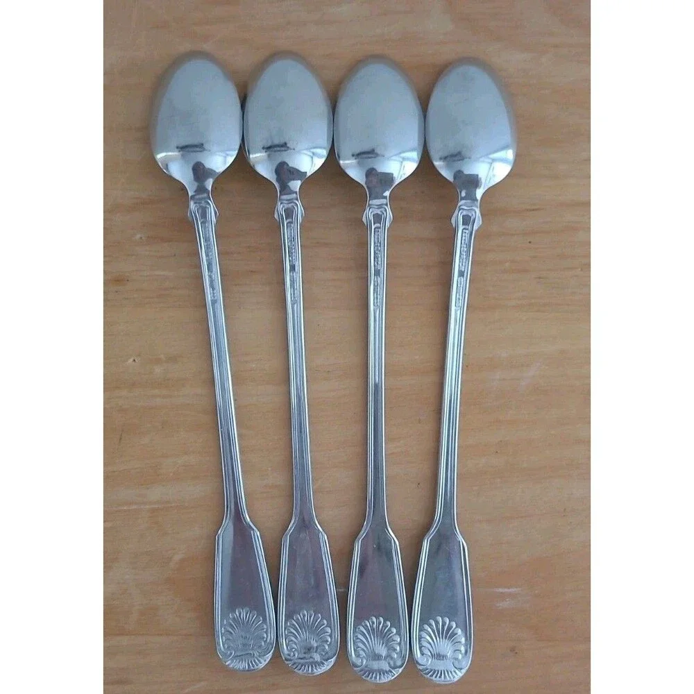 Set 4 Reed & Barton COLONIAL SHELL 1961 Stainless Steel Iced Tea Spoons Flatware